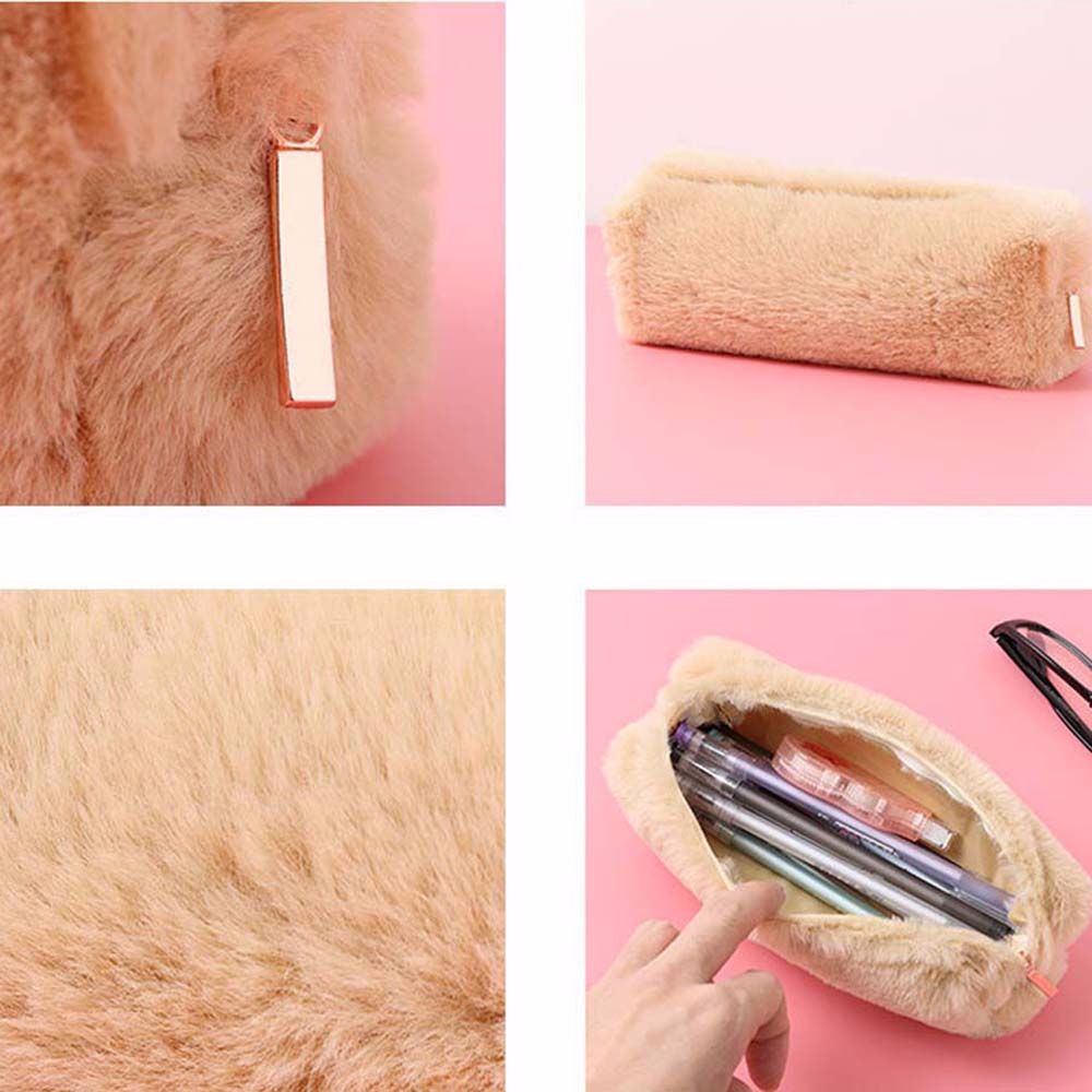 Túi Đựng Bút / Mỹ Phẩm Sức Chứa Lớn Hình Bát Giác Phủ Lông Nhiều Màu Dễ Thương Cho Học Sinh / Văn Phòng