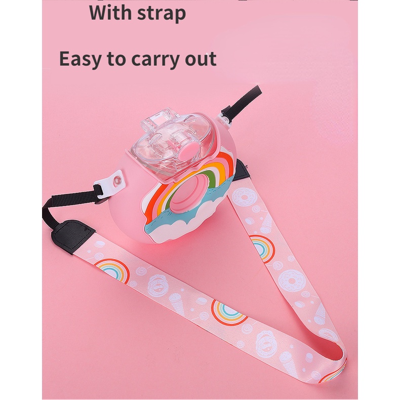 Bình Nước Nhựa Silicon Chống Sốc Hình Bánh Donut Hoạt Hình Có Dây Đeo Chéo Dễ Thương Cho Bé