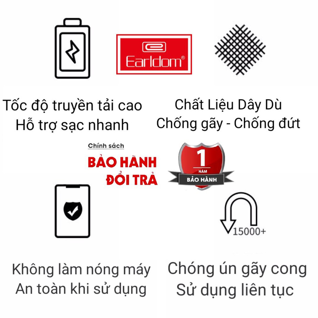 Dây cáp sạc Iphone⚜️Cổng Lightning⚜️Bọc Dù Hỗ Trợ Sạc Nhanh 3A/ Hàng chính hãng của Earldom Ec-077 Bảo hành 12 tháng