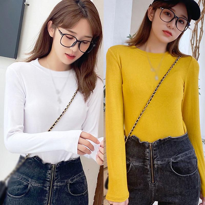 Áo Thun Tay Dài Cổ Tròn Màu Trơn Thiết Kế Đơn Giản Phong Cách Hàn Quốc