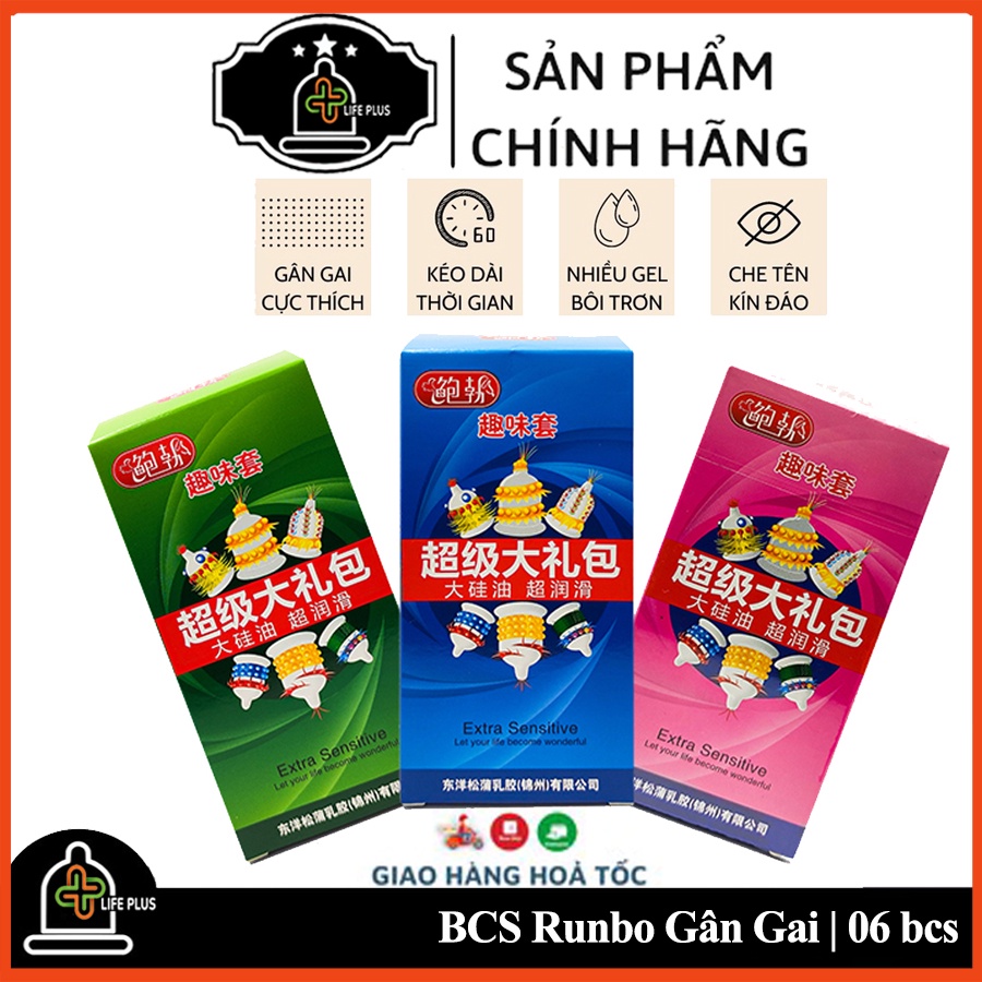 Bao cao su Runbo Gân Gai Bi Râu Tăng Thời Gian QH Nhiều Gel Bôi Trơn Hộp 6 bcs - Tặng BCS LP01 Giá 25k - Life Plus Store