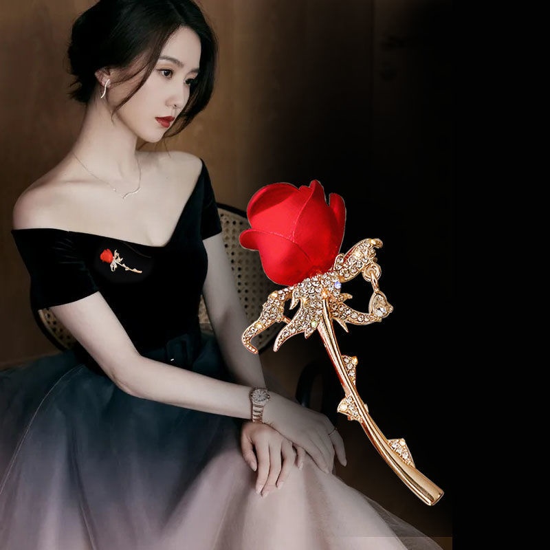 Ghim Cài Áo Hình Hoa Hồng Đỏ Đính Đá Sang Trọng