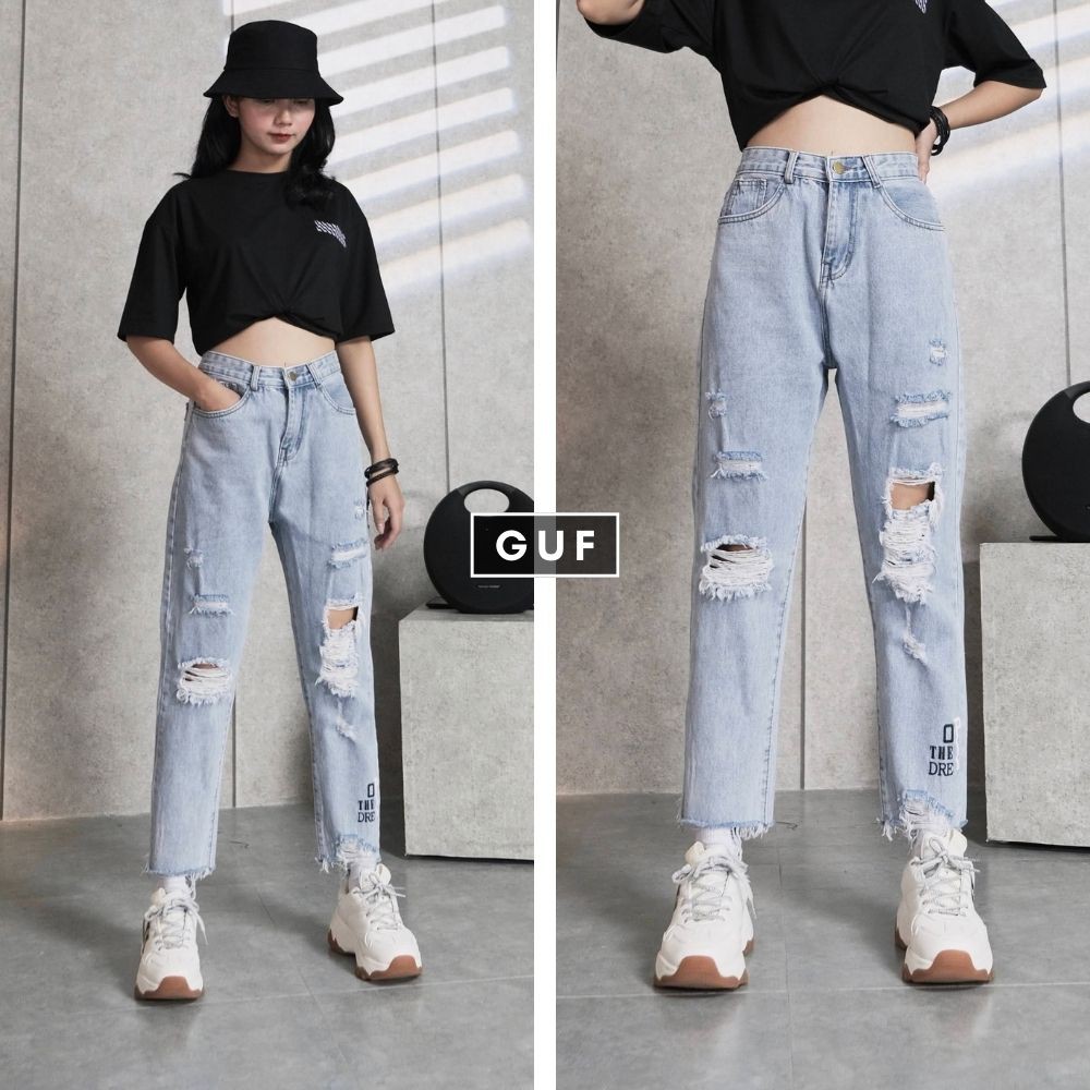 Quần Jean Nữ Dáng Baggy Cạp Cao Rách Gối GUF | BigBuy360 - bigbuy360.vn