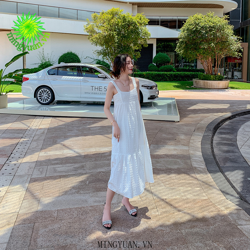 Đầm Dây Nữ Cộc Tay Eo Thả Xếp Ly Thời Trang Hàn