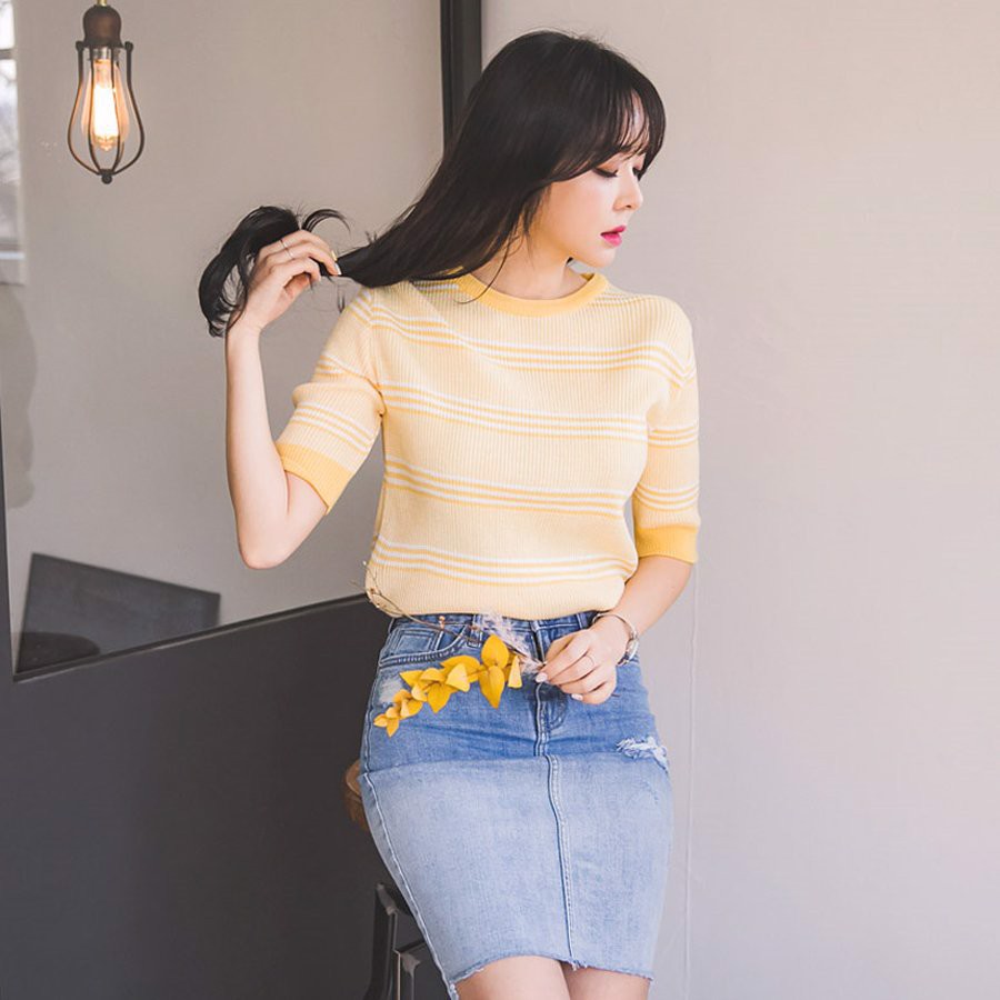 Áo Len Cổ Tròn Tay Lửng Kẻ Sọc Ngang ENVYLOOK Hirst Short-Sleeve Tee GomiMall