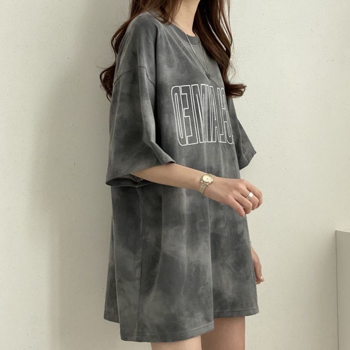 Ao thun tay lỡ form rộng dàng dài trùm mông loang xám cực chất