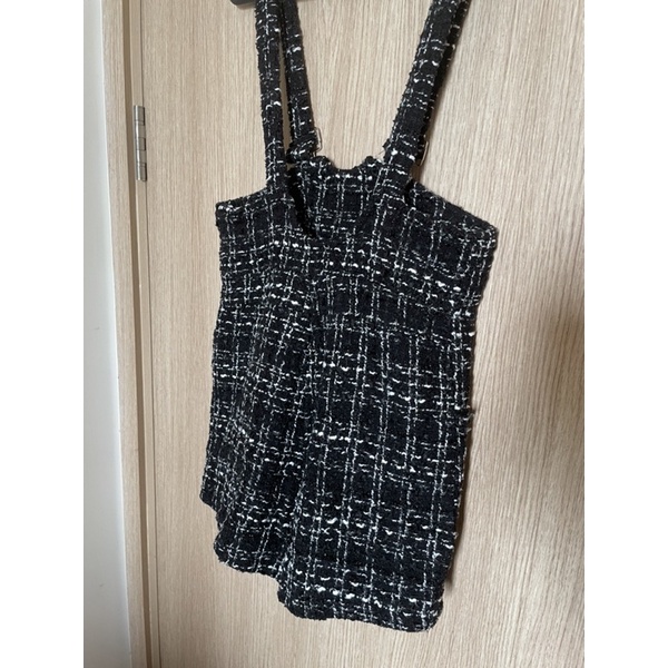 Quần yếm vải tweed lưng cao