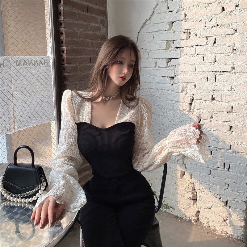 Áo dệt kim phối ren thời trang mùa thu mới dễ phối đồ dành cho nữ