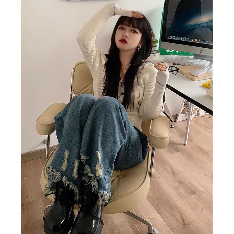 Jiashucheng Quần Jean Ống Rộng Rách Tua Rua Dáng Suông Phong Cách Hàn Quốc Hợp Thời Trang Cho Nữ