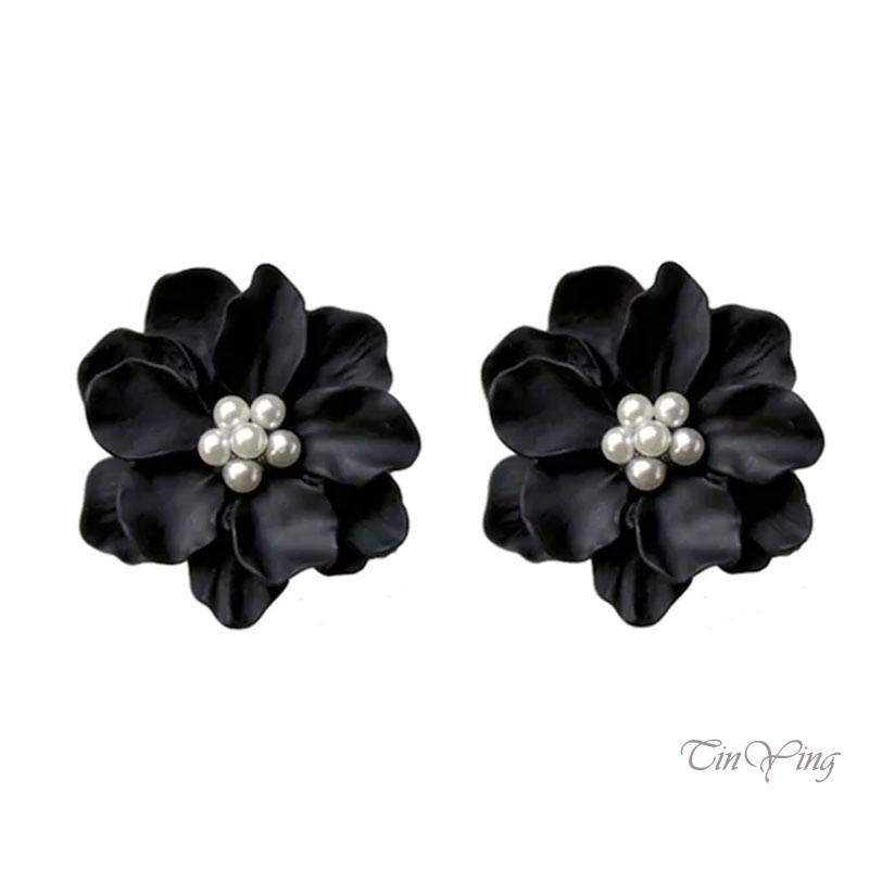GETNOIVAS Bông Tai Hình Hoa Màu Đen Đính Ngọc Trai Phong Cách Hàn Quốc Thời Trang Cho Nữ 2021