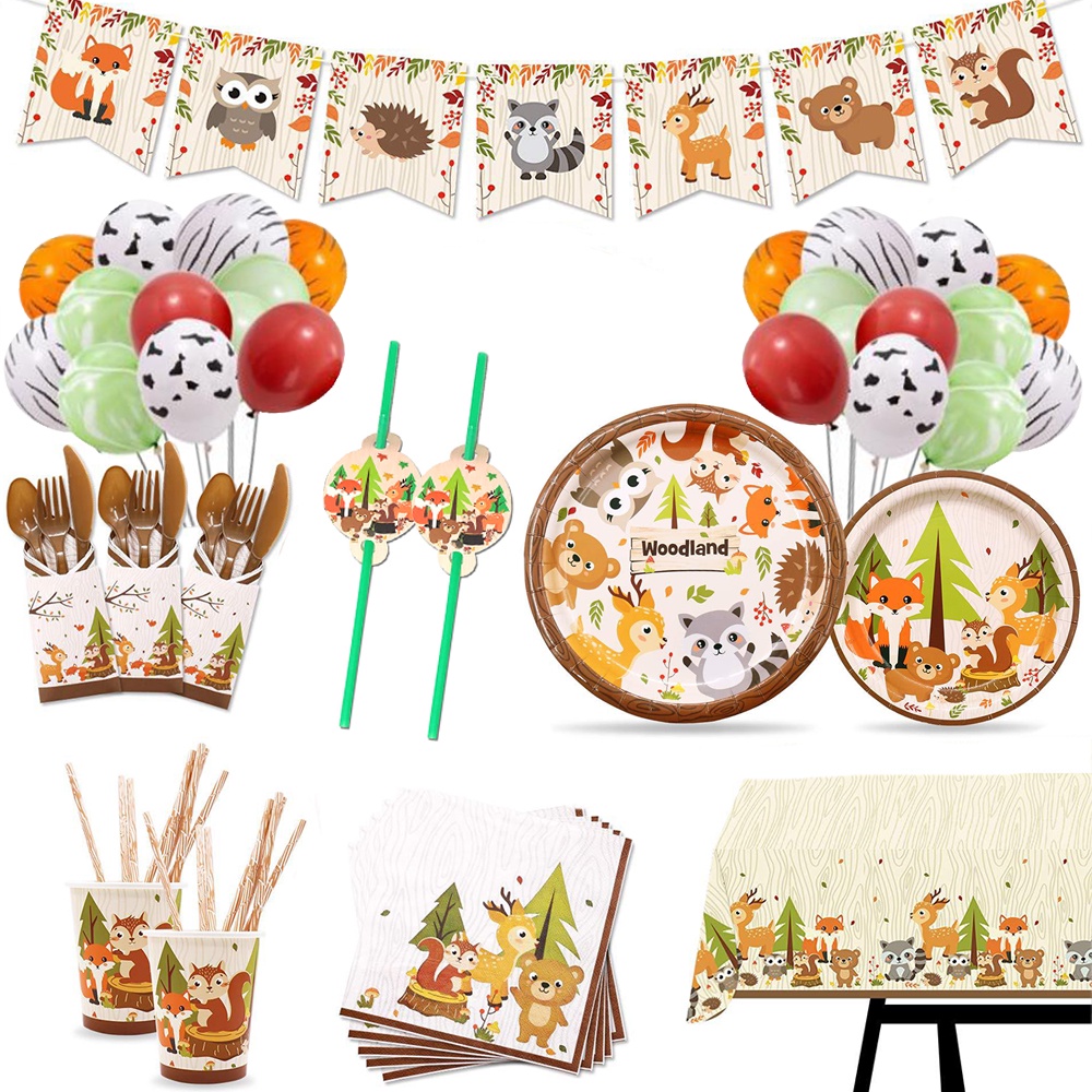 Children Cartoon Animal Birthday Party Decoration Zoo Fox Bear Banner Disposable Tableware Party Decorations