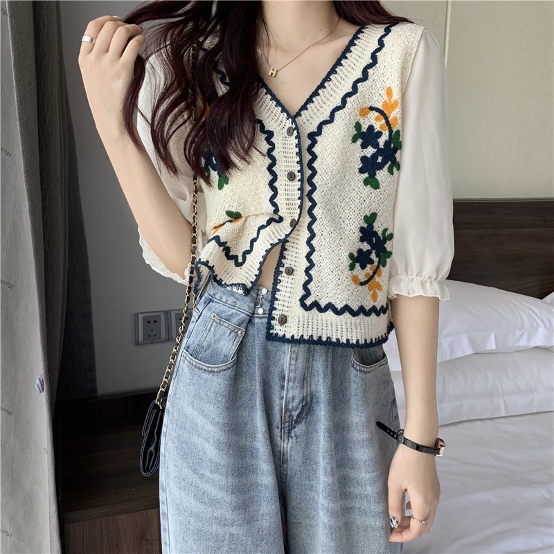 Áo cardigan ZHELIHANGFEI dệt kim tay ngắn cổ V thêu họa tiết hoa xinh xắn cho nữ
