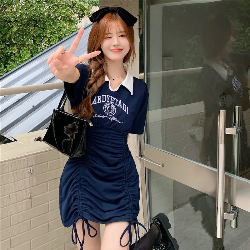 COZOK Đầm Ngắn Tay Cổ Bẻ Thiết Kế Dây Rút Xếp Ly Nữ Tính