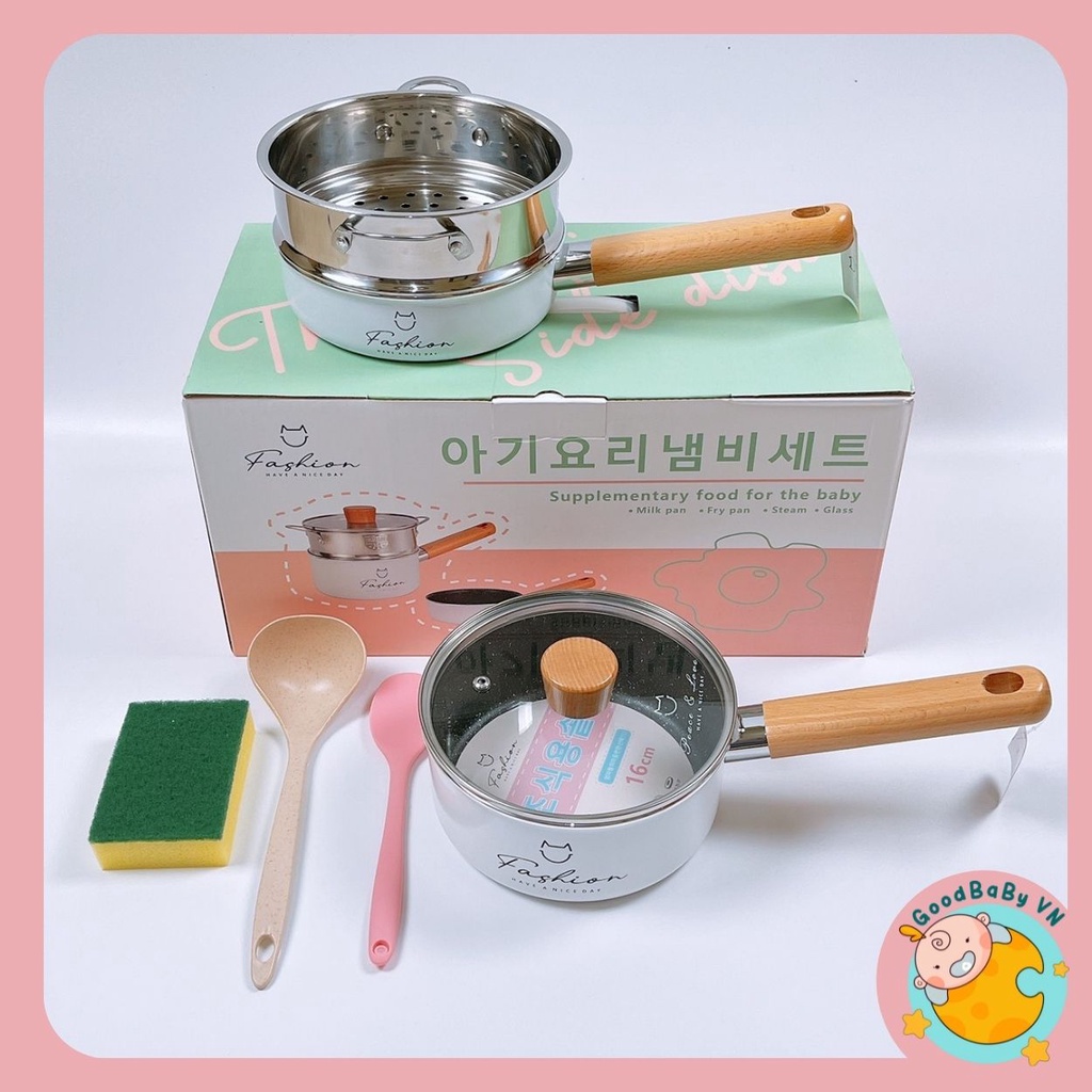 Bộ nồi chảo ăn dặm ,nấu cháo,quấy bột kèm xửng hấp cho bé FASHION chống dính cao cấp Goodbabyvn