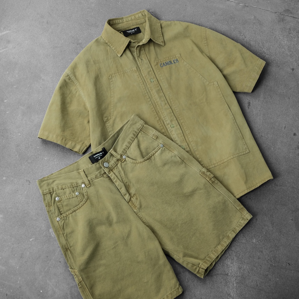 Áo sơ mi nam nữ oversized fit CANDLES TNE DOUBLE KNEE hình in sắc nét kết hợp thêu nổi Kaki 10oz chính hãng