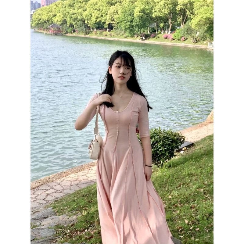 Đầm Dáng Dài Ôm Eo Màu Hồng Nhạt Phong Cách Hàn Quốc Cổ Điển Thời Trang Mùa Hè Hàng Mới 2022