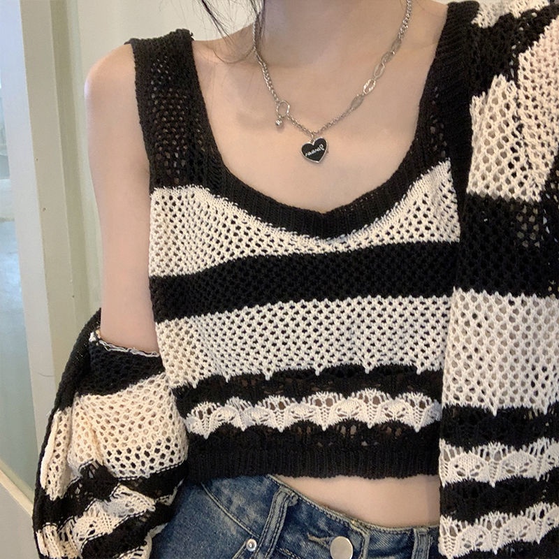 Set Áo Dây Dệt Kim Họa Tiết Kẻ Sọc Và Áo Khoác cardigan Thời Trang Nữ Tính