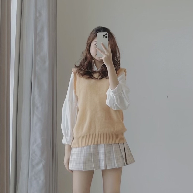 Áo len gile cổ tròn, áo len không tay cho nữ kiểu dáng ulzzang mặc xuân hè