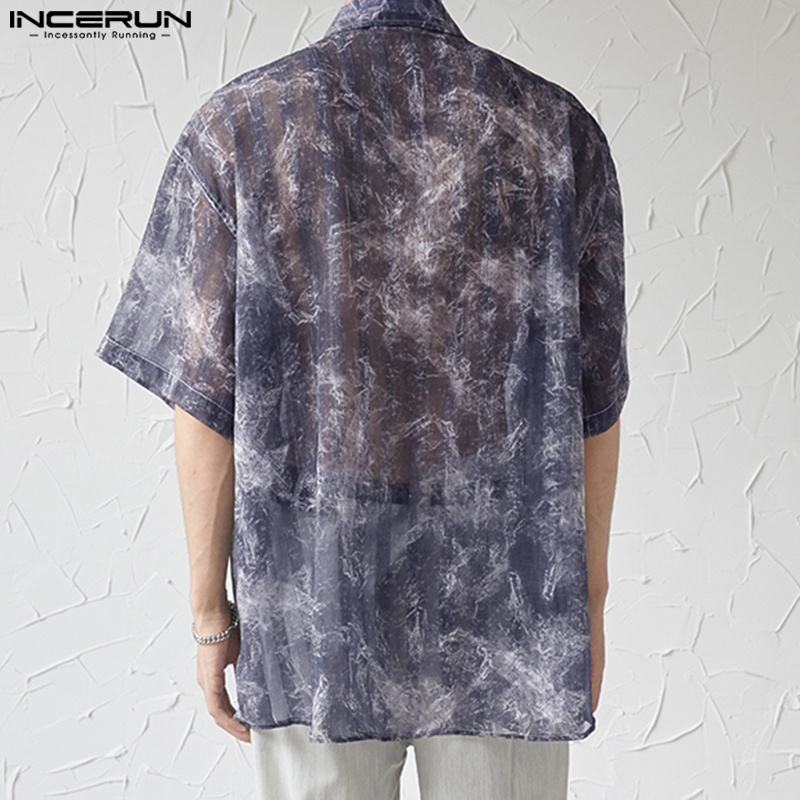 Áo sơ mi INCERUN tay lửng xuyên thấu họa tiết đá hoa cương đơn giản thời trang mùa hè dành cho nam