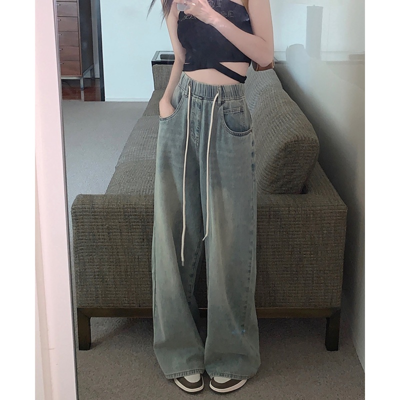Quần Jean Nữ Ống Rộng Lưng Cao Co Dãn Tốt Hợp Thời Trang