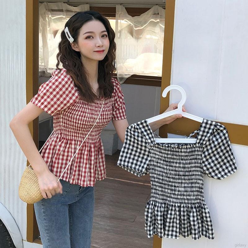 [Mã FAMAYWA giảm 10K đơn 50K] Áo Kiểu Tay Ngắn Cổ Vuông Hoạ Tiết Kẻ Sọc Phong Cách Hàn Quốc | BigBuy360 - bigbuy360.vn