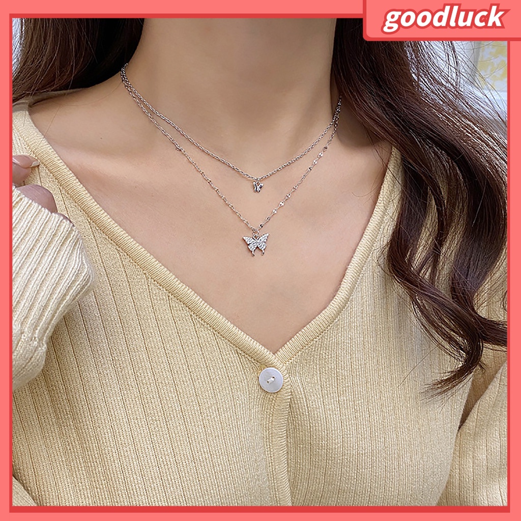 Goodluck| Vòng cổ Hai Lớp Bằng Hợp Kim Mặt Hình Bướm Chống Gỉ Thời Trang Cho Nữ