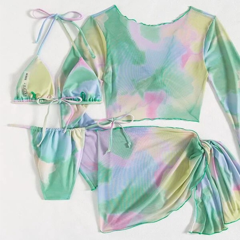 Bộ Đồ Bơi 4 Mảnh Thắt Nút Nâng Ngực Màu Nhuộm Thoải Mái Cho Nữ