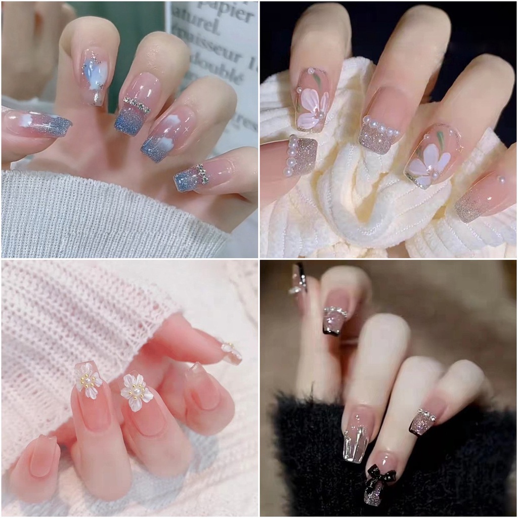 Set 24 móng tay giả họa tiết đính nơ đáng yêu / móng tay giả kèm keo / móng tay giả đính đá