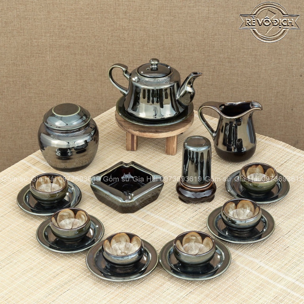 (Chọn mẫu) Ấm chén Bát Tràng chén lòng hoa đủ dáng men xanh ánh kim