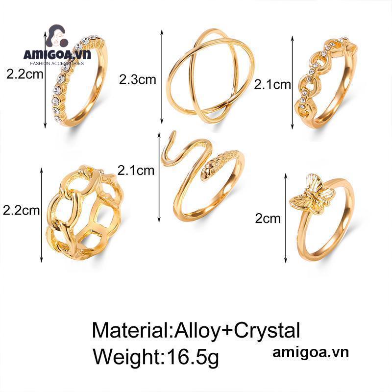 Set 6 Nhẫn Đeo Tay Thiết Kế Đơn Giản Phong Cách Retro Cho Nữ