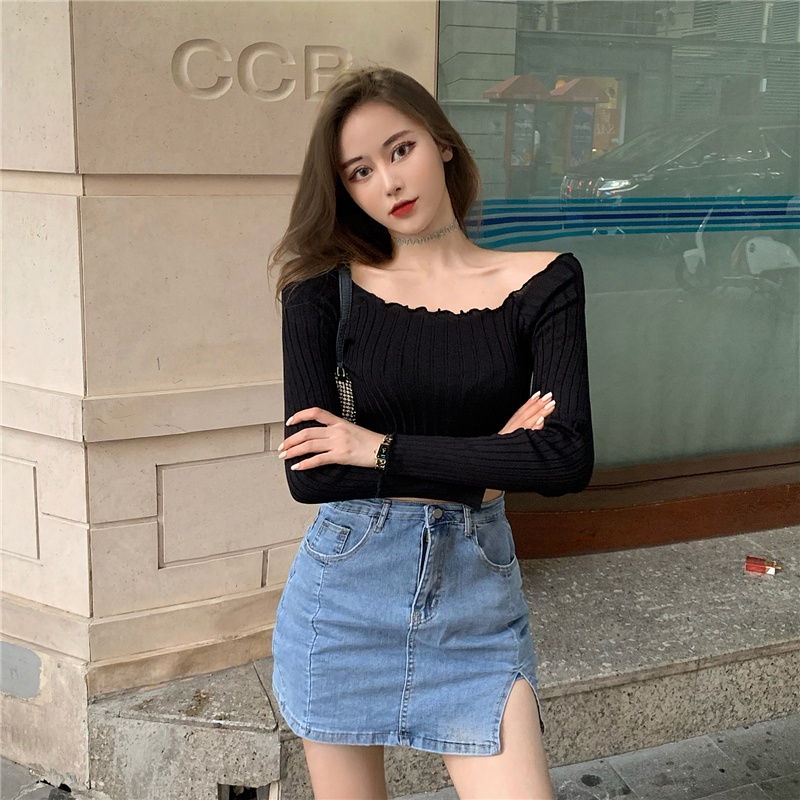 Set croptop dệt kim trễ vai dài tay dáng rộng phong cách Hàn Quốc thời trang