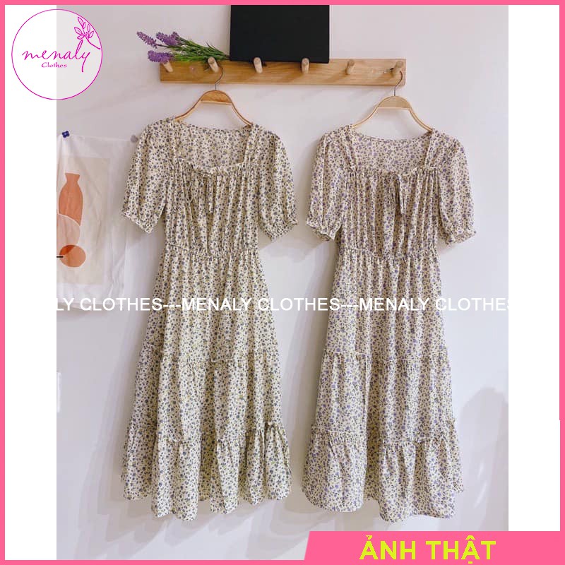 Váy hoa nhí tiểu thư cổ vuông tay bồng ngắn VH043, mẫu váy đầm 2 lớp nữ dáng xòe tầng nữ tính cổ nơ