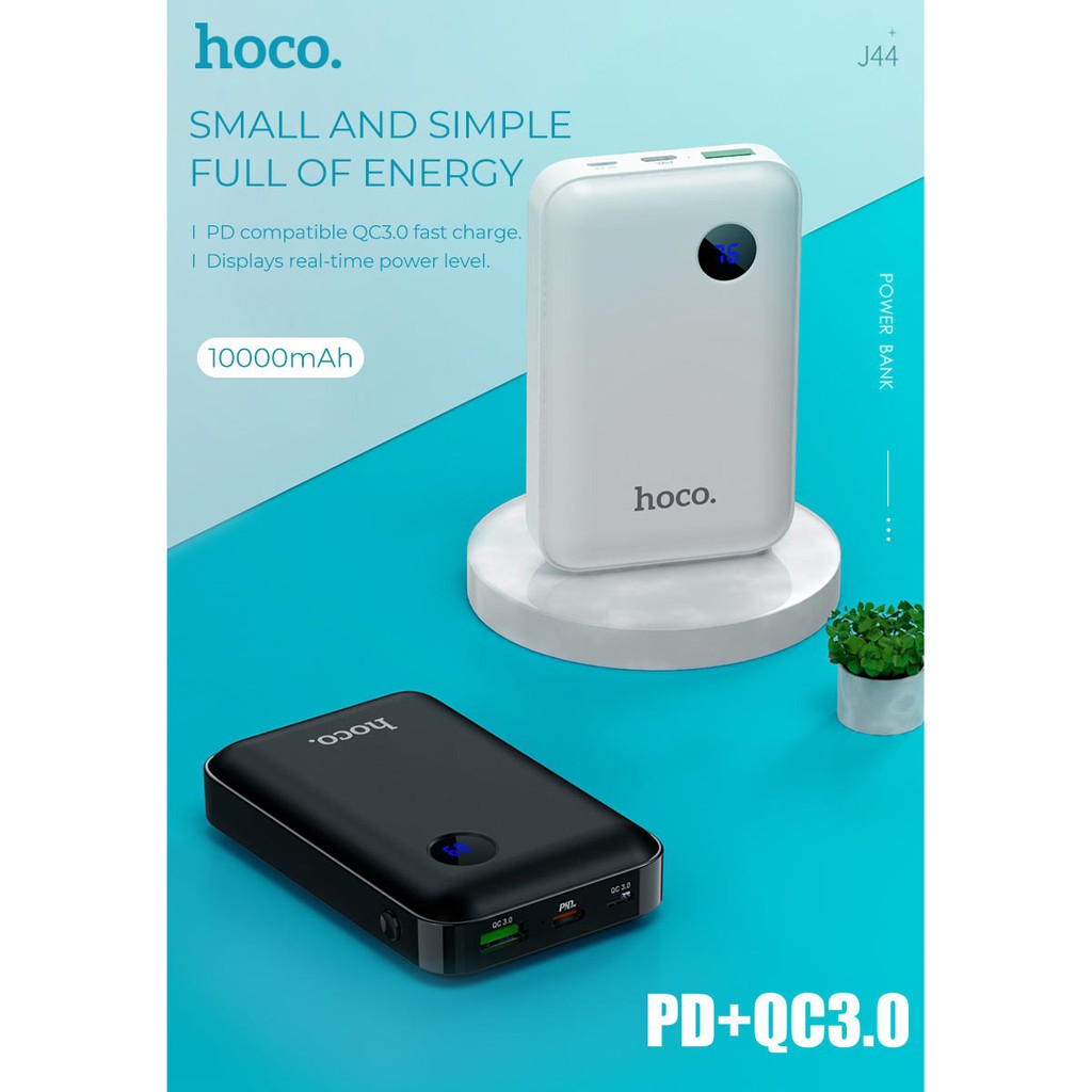 Pin dự phòng Hoco J44 10000mAh 2 cổng sạc tích hợp cổng sạc nhanh Type-C 18 và USB , màn hình LED hiển thị mức pin