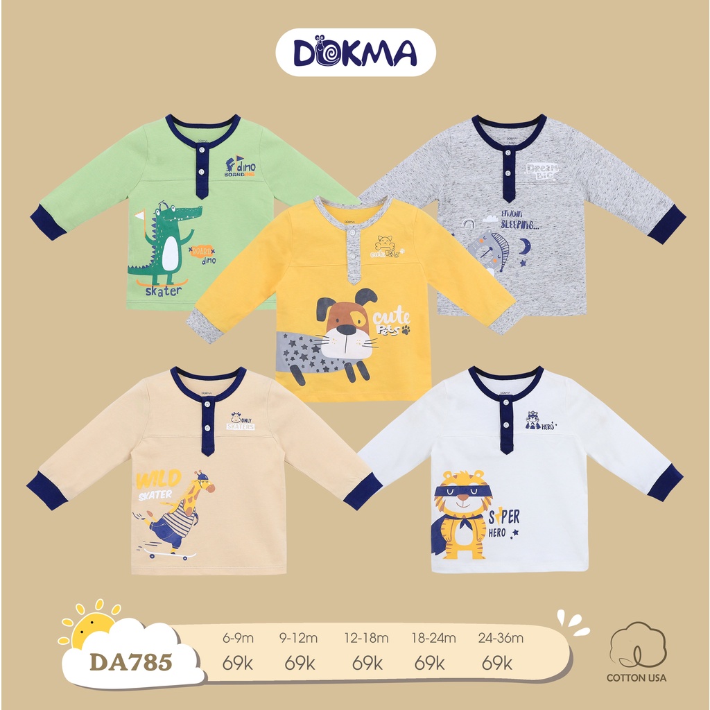 DA785 Áo dài tay bổ trụ bé trai Dokma vải cotton mỏng (9-36M)