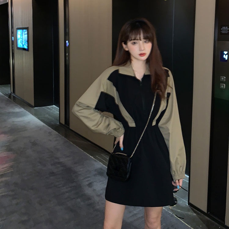 Đầm Tay Dài Dáng Ôm Màu Sắc Tương Phản Phong Cách Hàn Quốc Dành Cho Nữ