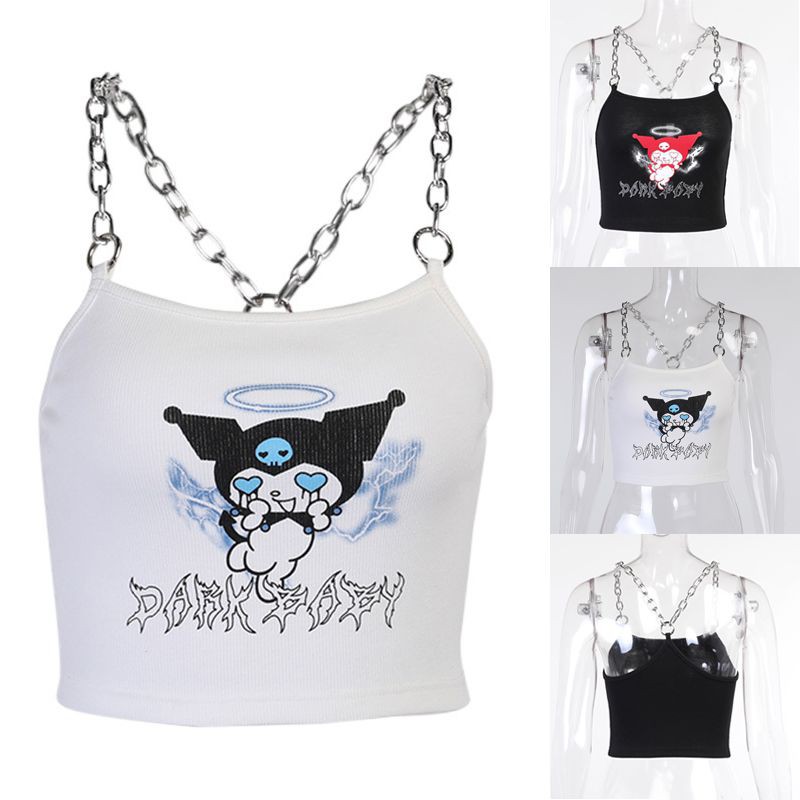 Áo hai dây hở lưng phối dây chuỗi xích không tay in hình Anime Kuromi cho nữ