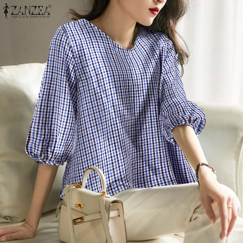 ZANZEA Áo Nữ Tay 3 / 4 Họa Tiết Caro Thời Trang