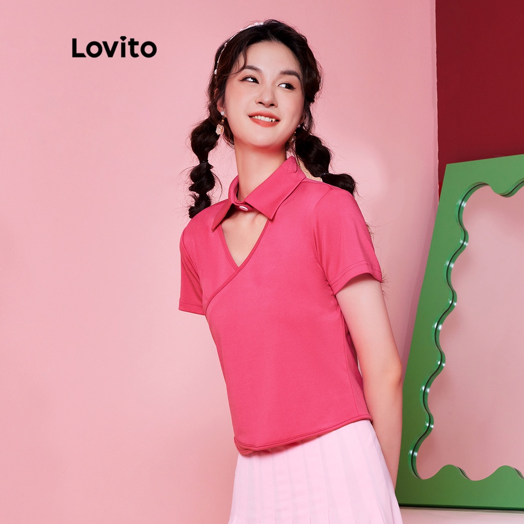Áo thun (Lovito Exclusive) DOPAMINE GIRLS Đơn giản Cut Out Collar Polo Preppy L28AE024 (Đỏ hồng)