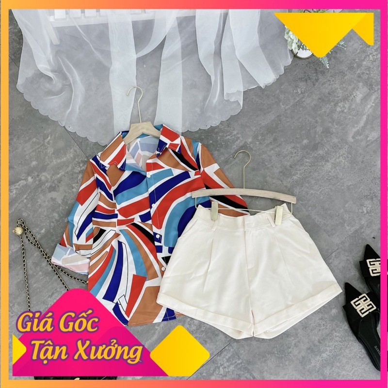 Sét Áo Sơ Mi Phối Màu Mix Quần Sooc Đùi Lật [ 𝐅𝐑𝐄𝐄 𝐒𝐇𝐈𝐏 ]  Gấu Cực Sịn Chất Lụa Đũi Mềm Sooc Kaki Giãn Mềm