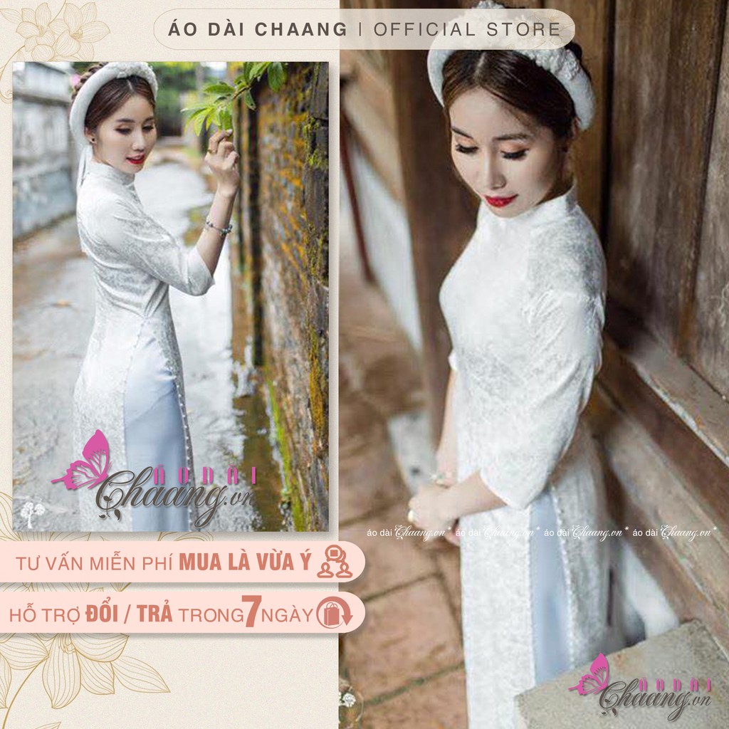 Áo dài trắng cô dâu cưới truyền thống may sẵn gấm tơ đính đá ngọc đẹp