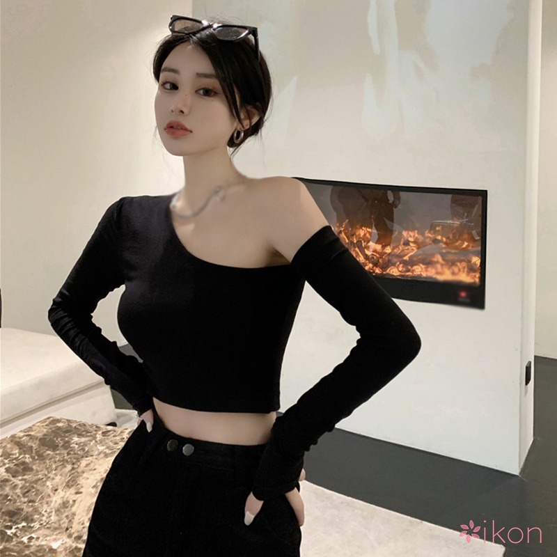 Áo Croptop Trễ Vai Tay Dài Màu Sắc Thanh Lịch