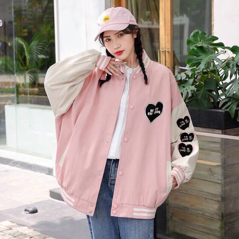  Áo Khoác Nữ, Áo Khoác Bomber Chất Kaki Bo Dệt Hình Tim 2 Màu Hồng/Đen Siêu HOT