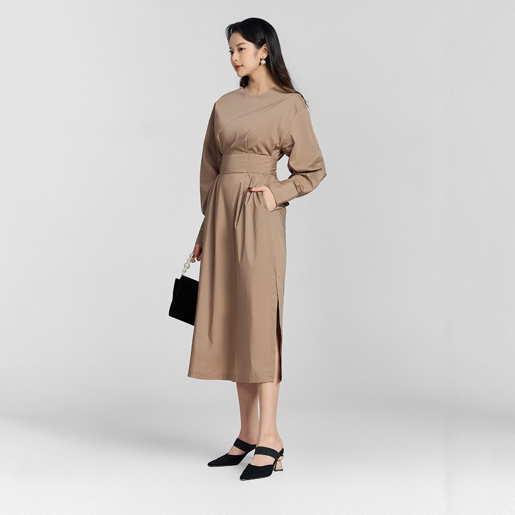 Váy đầm nữ xếp ly tà, đai eo sau lưng, cổ tròn, tay dài hàng thiết kế cao cấp TK Fashion - DK B47