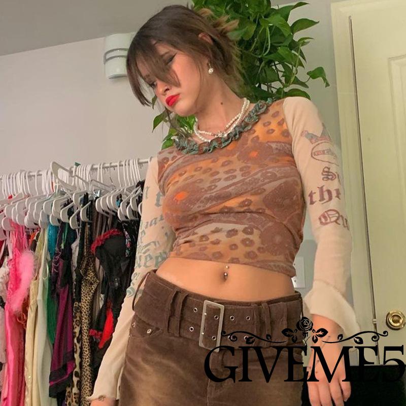 Áo Crop Top Tay Dài Phối Lưới Xuyên Thấu Gợi Cảm Cho Nữ