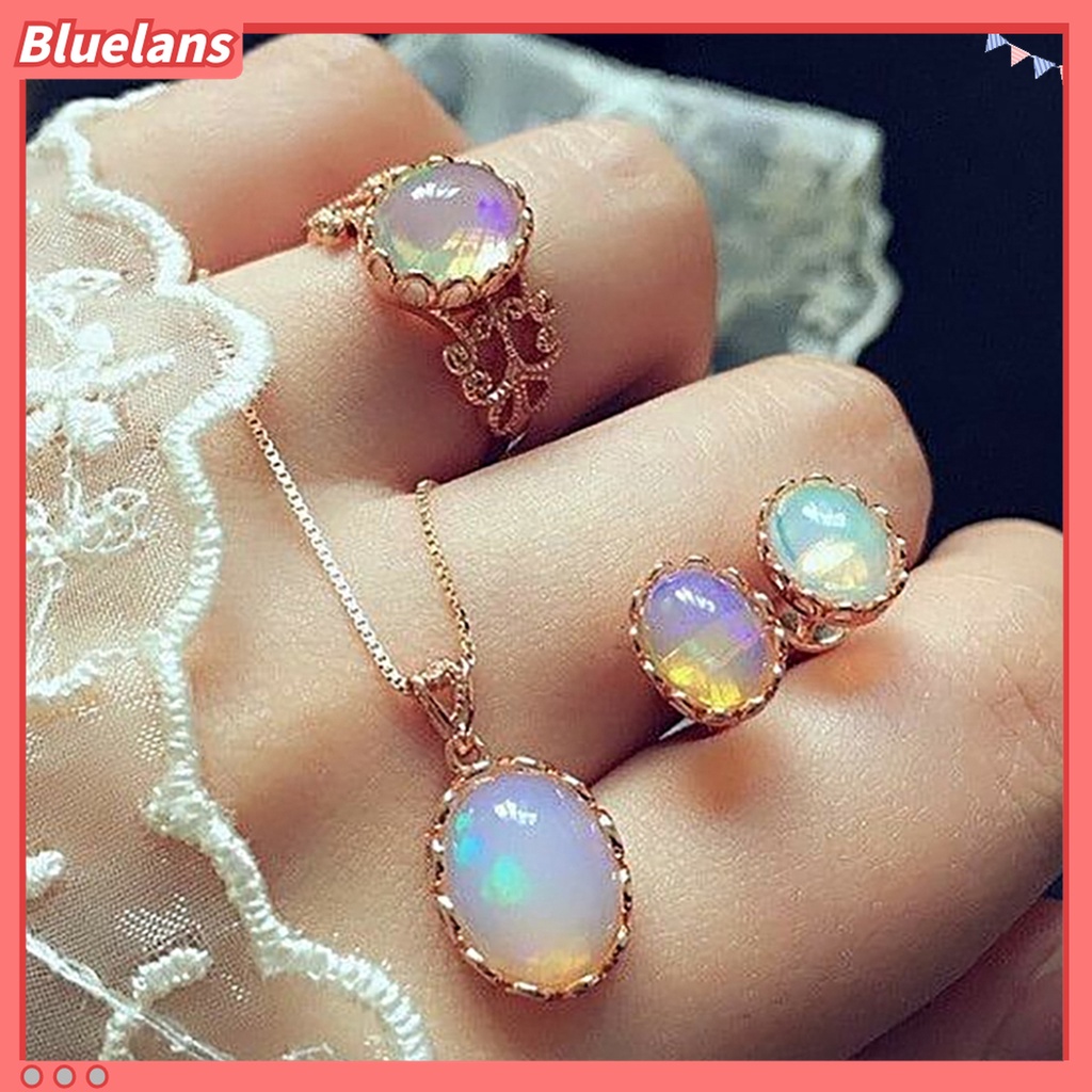 Bộ dây chuyền + nhẫn + cặp khuyên tai mặt đính ngọc mắt mèo giả đẹp mắt cho nữ