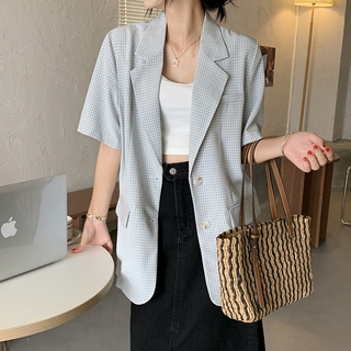 Áo Khoác Blazer 43444 Tay Ngắn Dáng Rộng Kẻ Caro Trẻ Trung Phong Cách Hàn Quốc