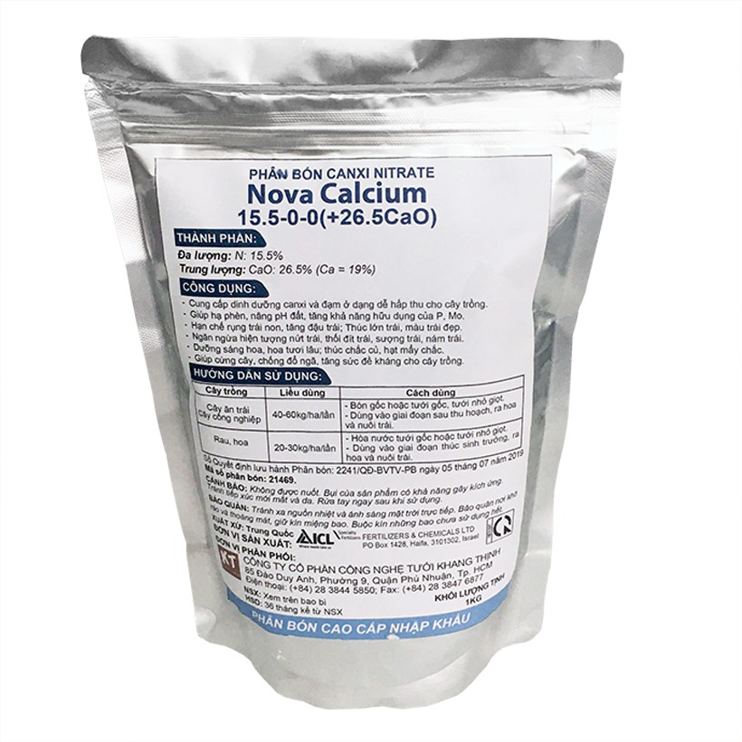 Phân Bón Canxi Nitrate Hoà Tan 100% Nova Calcium 15.5-0-0(+26.5Cao), nhập khẩu Israel, dùng cho tưới nhỏ giọt