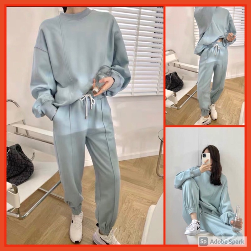 Set Nỉ Trơn Vạt Lệch Nữ [FREESHIP]  Bộ đồ sweater form rộng, quần ống boom kèm áo raplan màu Xanh Ulzzang