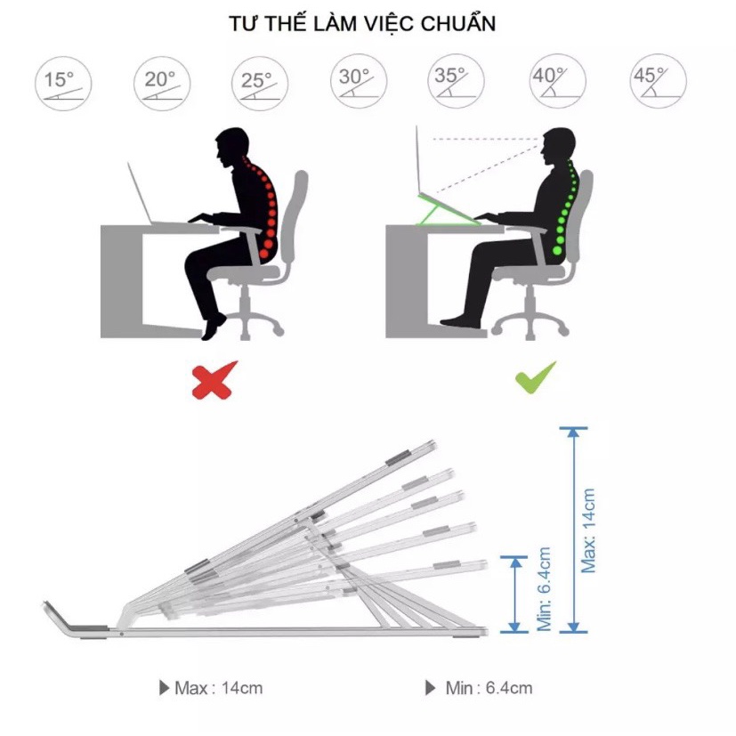 Giá Đỡ Laptop, Máy Tính Xách Tay,Thiết Kế Bằng Hợp Kim Nhôm Điều Chỉnh 7 Cấp Độ Xếp Gọn, Tiện Lợi Chịu Lực Siêu Tốt