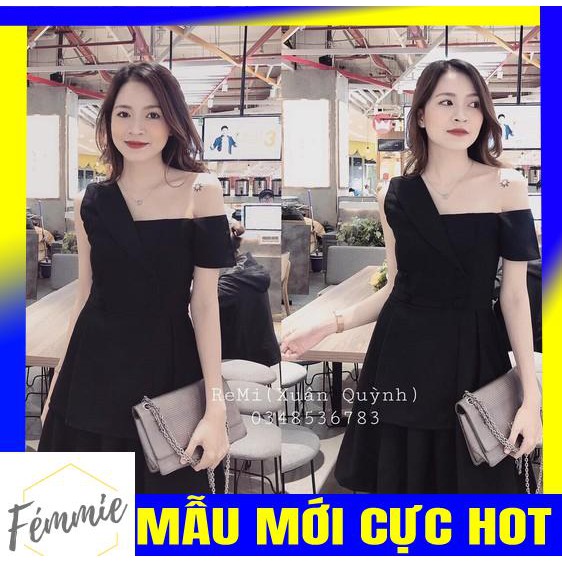 ĐẦM HOTGIRL GIÁ RẺ_Đầm lệch vai ôm eo dáng xòe cách điệu màu đen đi chơi, Thời trang hotgirl thiết kế cao cấp